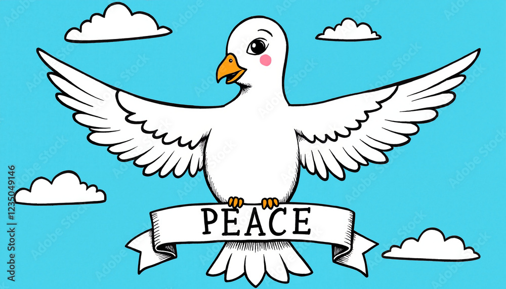 Obraz premium Illustrated peace dove with vibrant colors and a banner, symbolizing peace and love, copy space