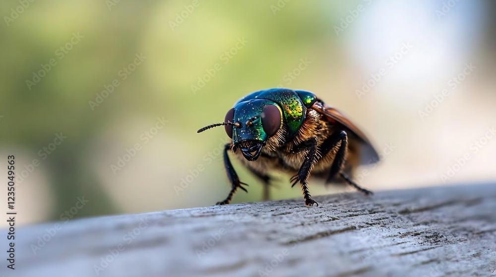 CloseUp of Colorful Fly on Wood with Blurred Nature Background : Generative AI CloseUp of Colorful Fly on Wood with Blurred Nature Background : Generative AI