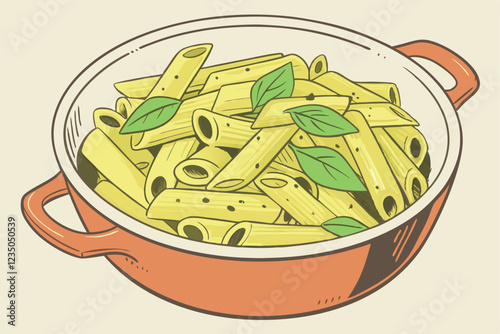 Pasta dish, penne pasta, basil pesto sauce, fresh basil leaves, white ceramic bowl, orange base, food photography, closeup, vibrant colors, appetizing, Italian cuisine, creamy texture, glossy noodles,