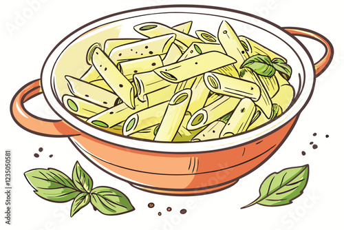 Pasta dish, penne pasta, basil pesto sauce, fresh basil leaves, white ceramic bowl, orange base, food photography, closeup, vibrant colors, appetizing, Italian cuisine, creamy texture, glossy noodles,
