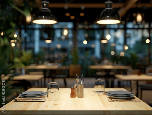 Elegant wooden table set in a restaurant with a blurred background of modern lighting and greenery.