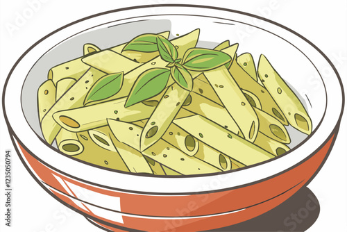 Pasta dish, penne pasta, basil pesto sauce, fresh basil leaves, white ceramic bowl, orange base, food photography, closeup, vibrant colors, appetizing, Italian cuisine, creamy texture, glossy noodles,