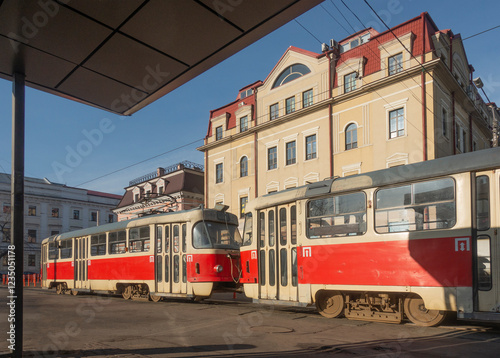 Tram stop on Kontraktova square in Kyiv photo