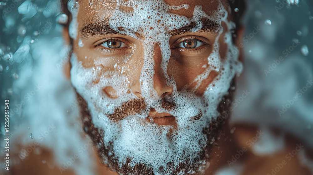 A man submerged in water with bubbles covering his face A man submerged in water with bubbles covering his face