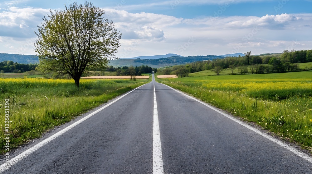 Empty rural road surrounded by green fields and blue sky : Generative AI Empty rural road surrounded by green fields and blue sky : Generative AI