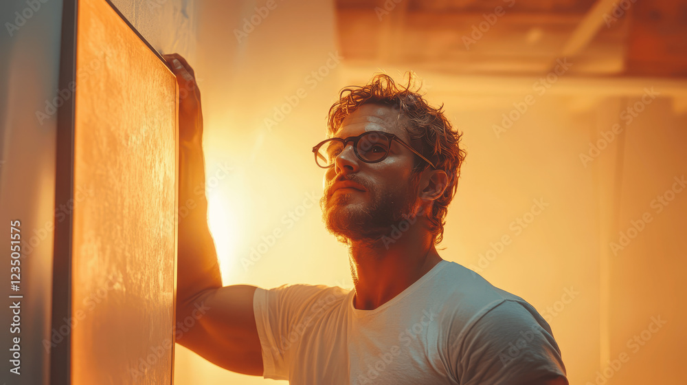 Thoughtful man contemplates in warm lighting during an evening creative session in a peaceful interior space Thoughtful man contemplates in warm lighting during an evening creative session in a peaceful interior space