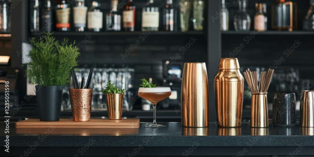 Stylish bar setup featuring cocktail ingredients and tools, ideal for promoting bars, restaurants, or cocktail-related events. Stylish bar setup featuring cocktail ingredients and tools, ideal for promoting bars, restaurants, or cocktail-related events.