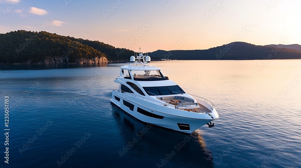 Fototapeta premium Luxury Yacht Sailing Serenity at Sunset with Scenic Island Backdrop : Generative AI