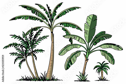 Tropical banana trees, photorealistic, isolated on white background, botanical illustration, various species, lush green foliage, tall slender trunks, wide leaves, palm-like appearance, studio lightin