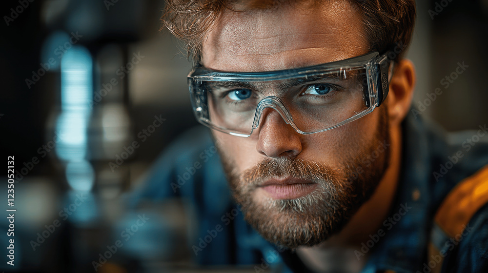 Skilled craftsman focused on work in an industrial workshop wearing safety eyewear early in the morning Skilled craftsman focused on work in an industrial workshop wearing safety eyewear early in the morning