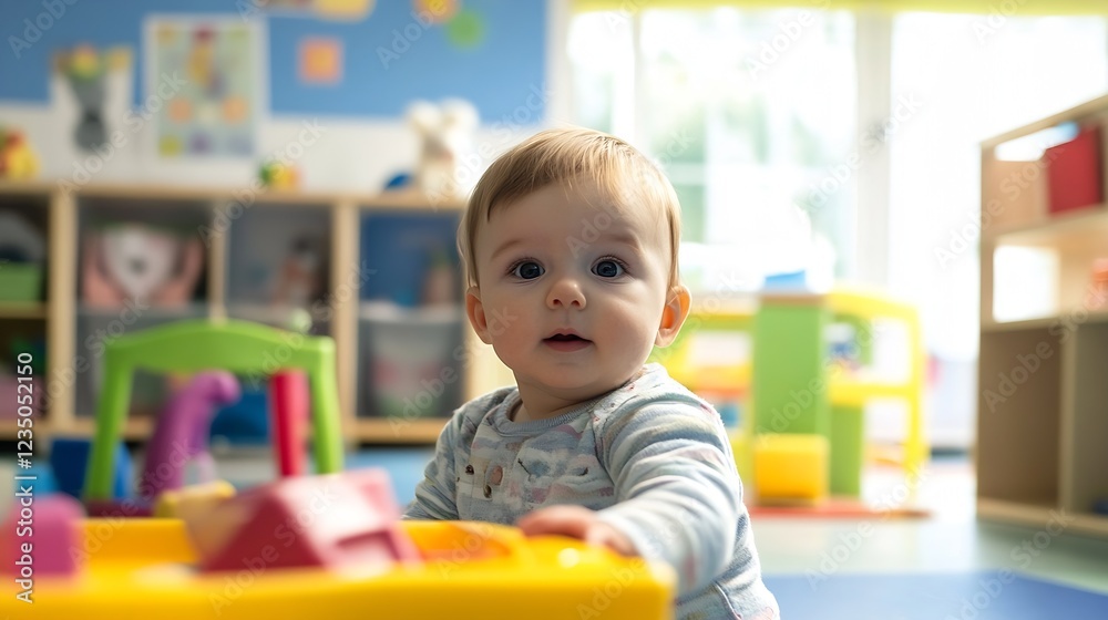 Fototapeta premium Adorable Baby Playing in Bright Preschool Room Filled with Colorful Educational Toys : Generative AI