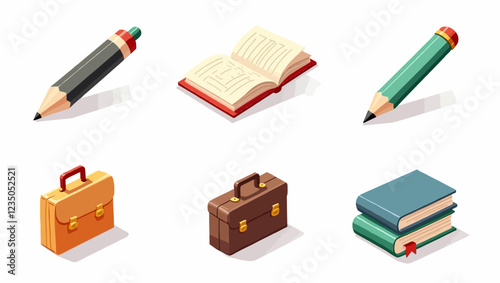 Set of 3D icons, accessories for learning. Ballpoint pen, briefcase, pencil, book. Vector illustration on white background. Signs of education, nobility, development. Cute plasticine style