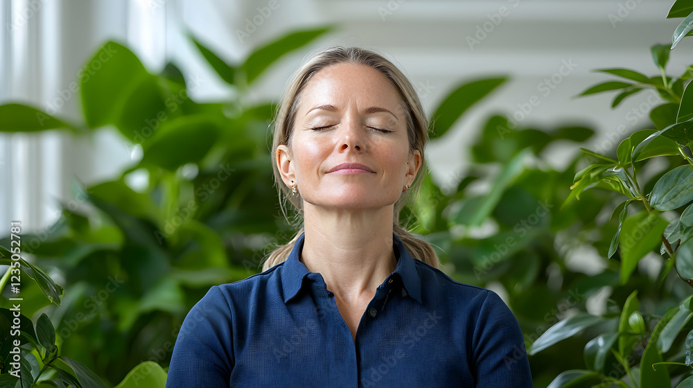 Woman meditating amidst lush indoor plants, peaceful office background, wellness Woman meditating amidst lush indoor plants, peaceful office background, wellness