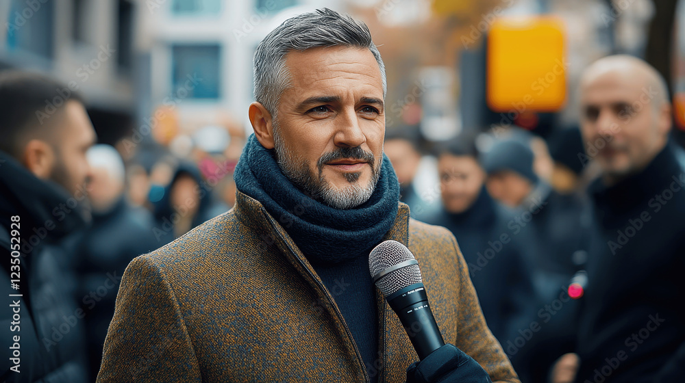 Naklejka premium Journalist conducting an interview outdoors in a busy urban setting during winter
