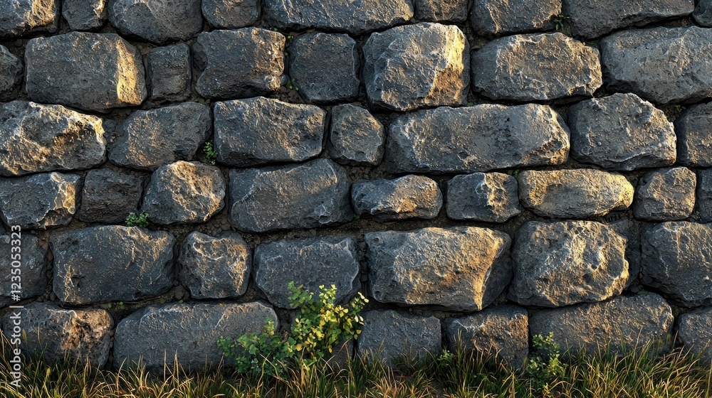 A Rustic Stone Wall With Small Plants Growing