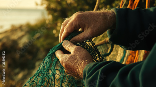 Hands skillfully mending a fishing net during sunset by the seaside