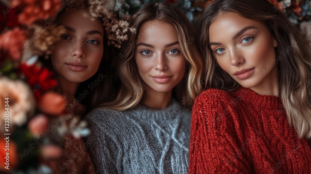 Obraz premium Three women in cozy sweaters pose amidst autumnal blooms.