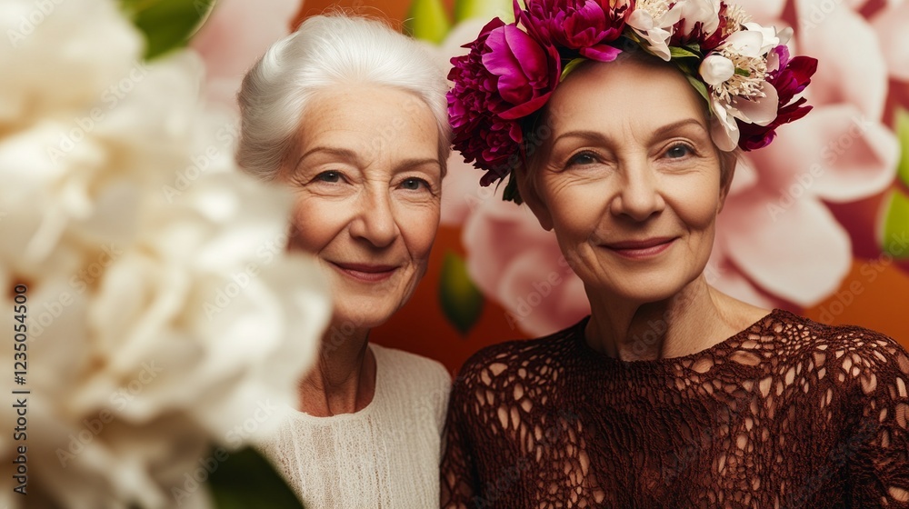 Obraz premium Two smiling senior women posed with flowers, one wearing a flower crown.