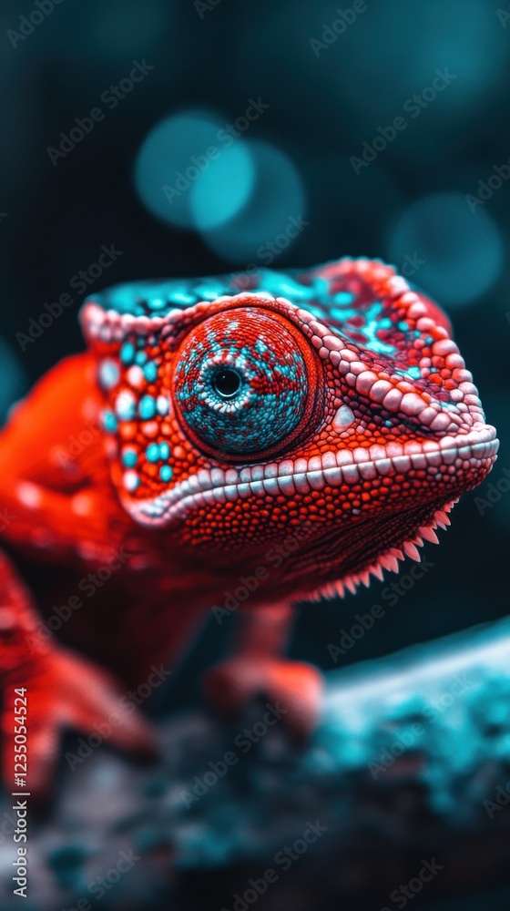 Obraz premium A vibrant chameleon with striking red and blue tones perched on a branch, captured in a cinematic style with a blurred background.