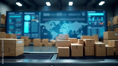 A Stack of Cardboard Boxes on a Conveyor Belt Moves Toward a Large Screen Displaying a Global Network Map Perfect for Logistics and Supply Chain Visualizations