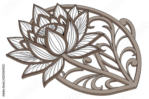  Intricate wooden lotus sculpture, highly detailed carved petals, layered floral design, rich brown tones, textured wood grain, symmetrical botanical art, 3D relief carving, ornate wall decor, Asian-i