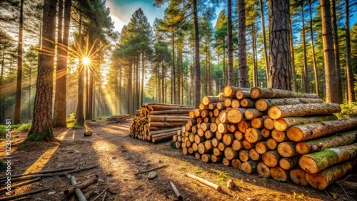 Sunlight filtering through towering pines illuminates a forest path leading to stacks of freshly cut logs, a testament to the cycle of nature and the enduring strength of wood.