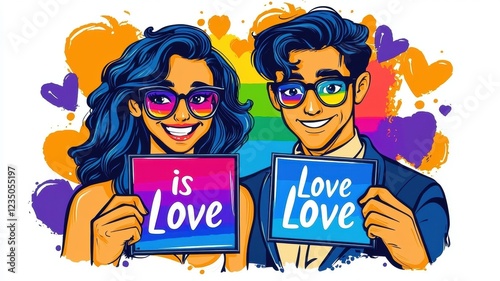 A vibrant illustration of a couple holding signs that promote love, surrounded by colorful hearts, embodying inclusivity and joy. photo