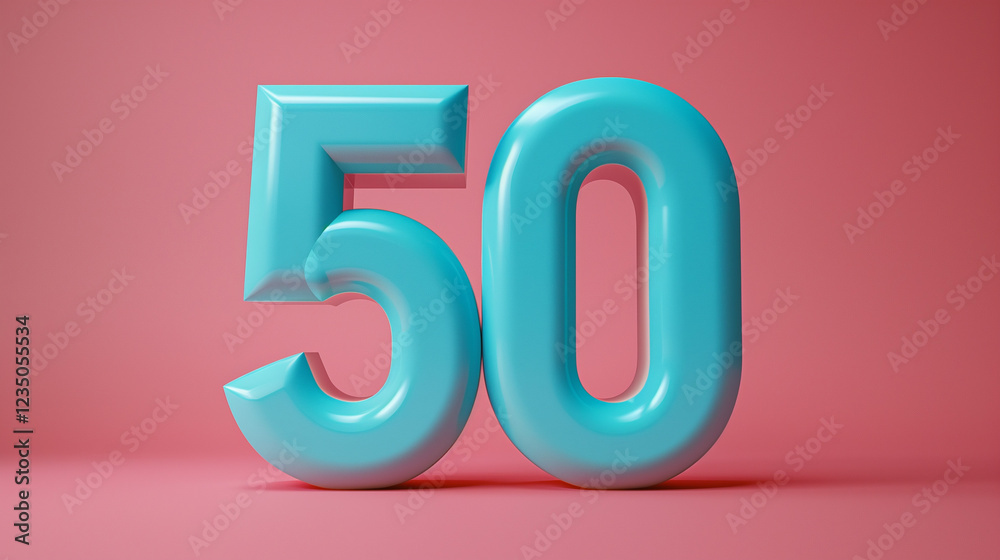 A glossy blue number 50 on a pink background, representing a milestone or celebration. A glossy blue number 50 on a pink background, representing a milestone or celebration.