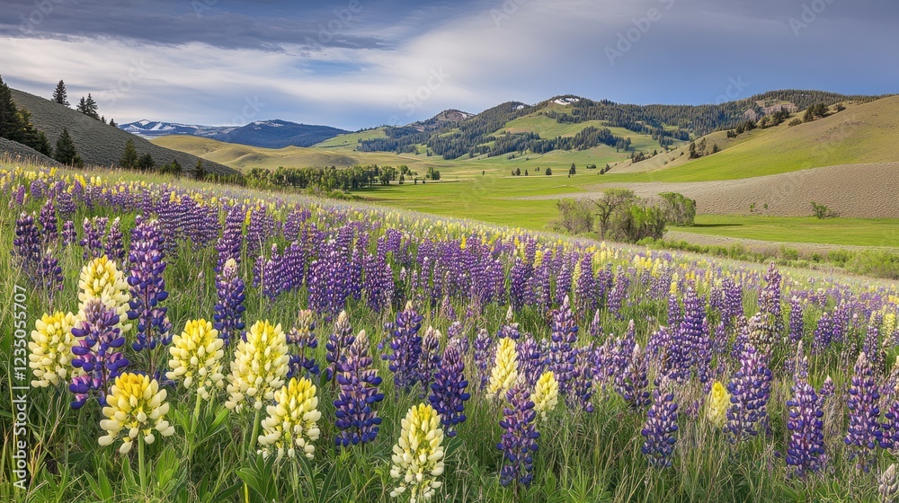 Obraz premium Lupine wildflowers bloom in a mountain valley landscape