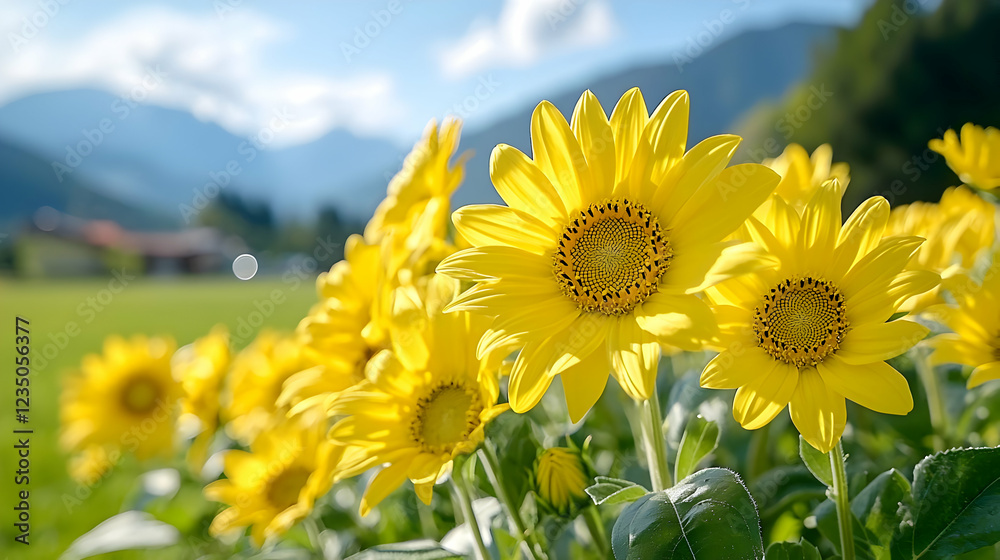 Fototapeta premium Vibrant yellow wildflowers bloom in a green mountain meadow under a bright sunny sky.