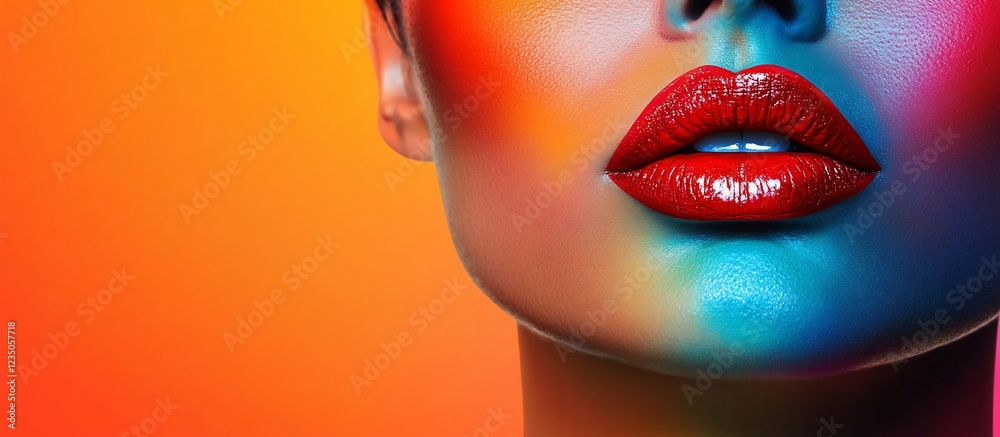 Vibrant close-up of a woman's lips with colorful makeup against an orange gradient background Vibrant close-up of a woman's lips with colorful makeup against an orange gradient background