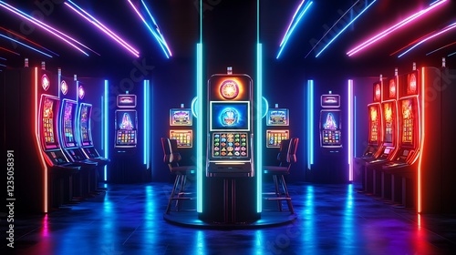 a dimly lit casino room with neon lights and slot machines