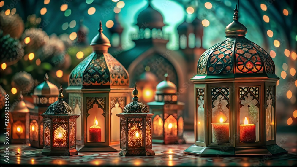 Obraz premium free new symbolizing warmth and celebration for Ramadan Kareem decoration with arabic lantern and candle on a wooden table in the garden