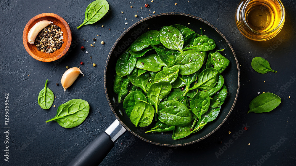 Obraz premium Sautéed spinach with garlic and olive oil, served in a small pan, soft natural light in food photography 