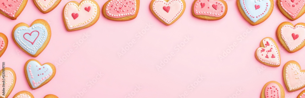 Valentine's Day banner - heart shaped cookie assortment with red white icing decoration designs. Sweet dessert love baked goods illustration. valentine's graphic resource for newsletter, blog, social