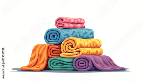 Bath towels vector illustrations set. Clean towels bundle isolated on white background. Domestic hygiene accessories, stacked rolled and hanging colorful hand towels. Household objects collection.