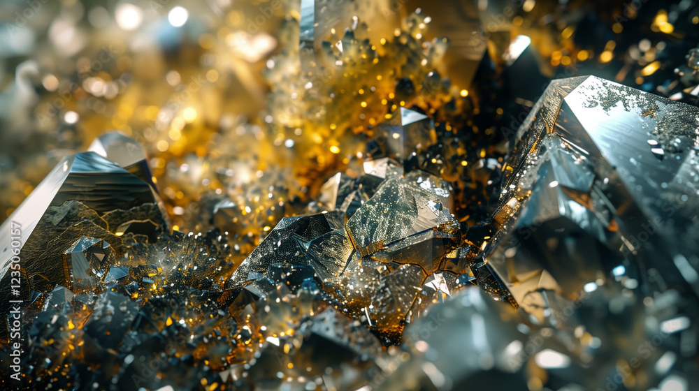 Close-up of sparkling crystals in shades of gold and silver, creating a luxurious and abstract texture. Phlogopite ore Close-up of sparkling crystals in shades of gold and silver, creating a luxurious and abstract texture. Phlogopite ore