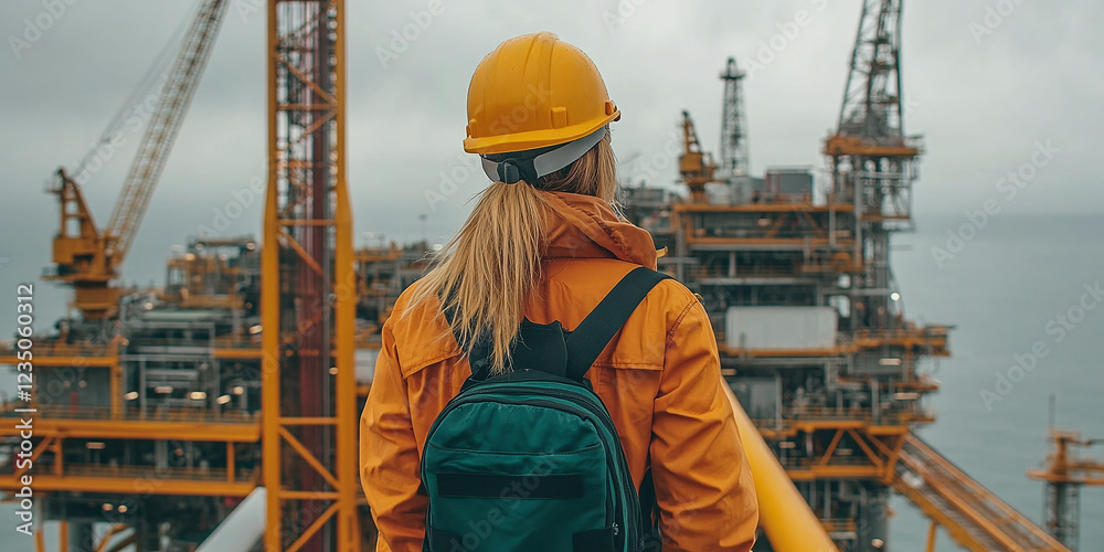 A worker in a bright yellow hard hat and jacket observes a sprawling offshore oil platform, showcasing industrial scale and human ingenuity. A worker in a bright yellow hard hat and jacket observes a sprawling offshore oil platform, showcasing industrial scale and human ingenuity.