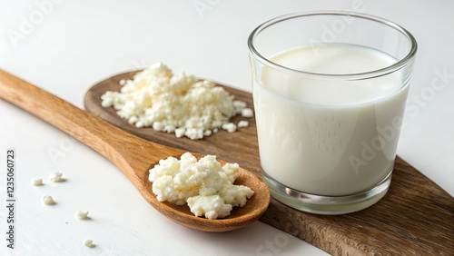 kefir milk with kefir grains in wooden spoon isolated on white background.