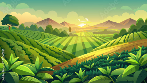 tea plantation background, tea plantation in morning light, Green tea buds and leaves at early morning on plantation