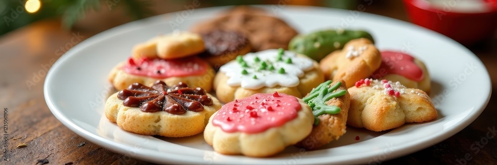 Assorted Christmas cookies arranged on a pristine white plate , festive cookies, winter, holiday treats Assorted Christmas cookies arranged on a pristine white plate , festive cookies, winter, holiday treats