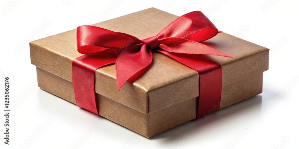 Obraz premium A brown gift box tied with a festive red satin ribbon, a symbol of celebration and thoughtful gestures.