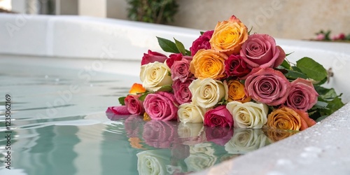 Colorful rose bouquet reflecting in pool water