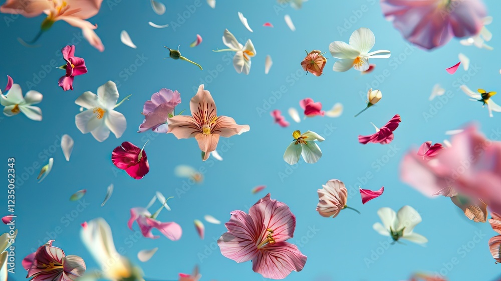 Bright flowers floating in the air on a blue background. Bright flowers floating in the air on a blue background.