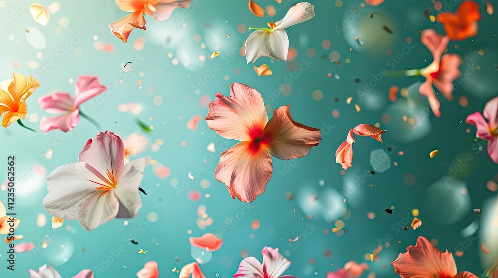 Naklejka premium Bright flowers floating in the air on a blue background.