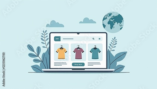 Minimalist infographic design of online store homepage with Shop Now button and product images on blue background