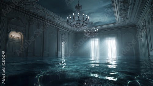 Flooded opulent ballroom, eerie ambiance, cinematic lighting, interior design