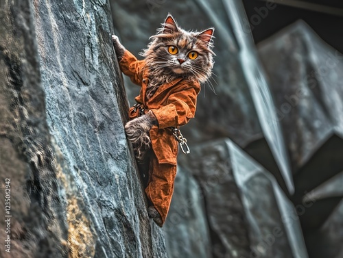 Feline Climber: A fearless Maine Coon cat, clad in an orange climbing jacket, scales a rock face with determination. photo