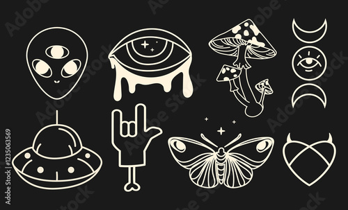 Esoteric vector icon with UFO, butterflies, moons. Surreal psychedelic drawing. Psychedelic aesthetics set. Alternative witch linear symbols vintage style for gothic,boho, psychedelic designs. Vector