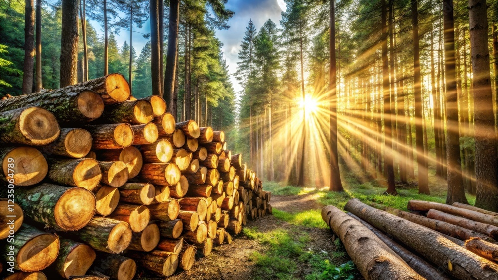 Sunlight streams through a forest, illuminating a stack of felled logs, casting long shadows on the forest floor Sunlight streams through a forest, illuminating a stack of felled logs, casting long shadows on the forest floor